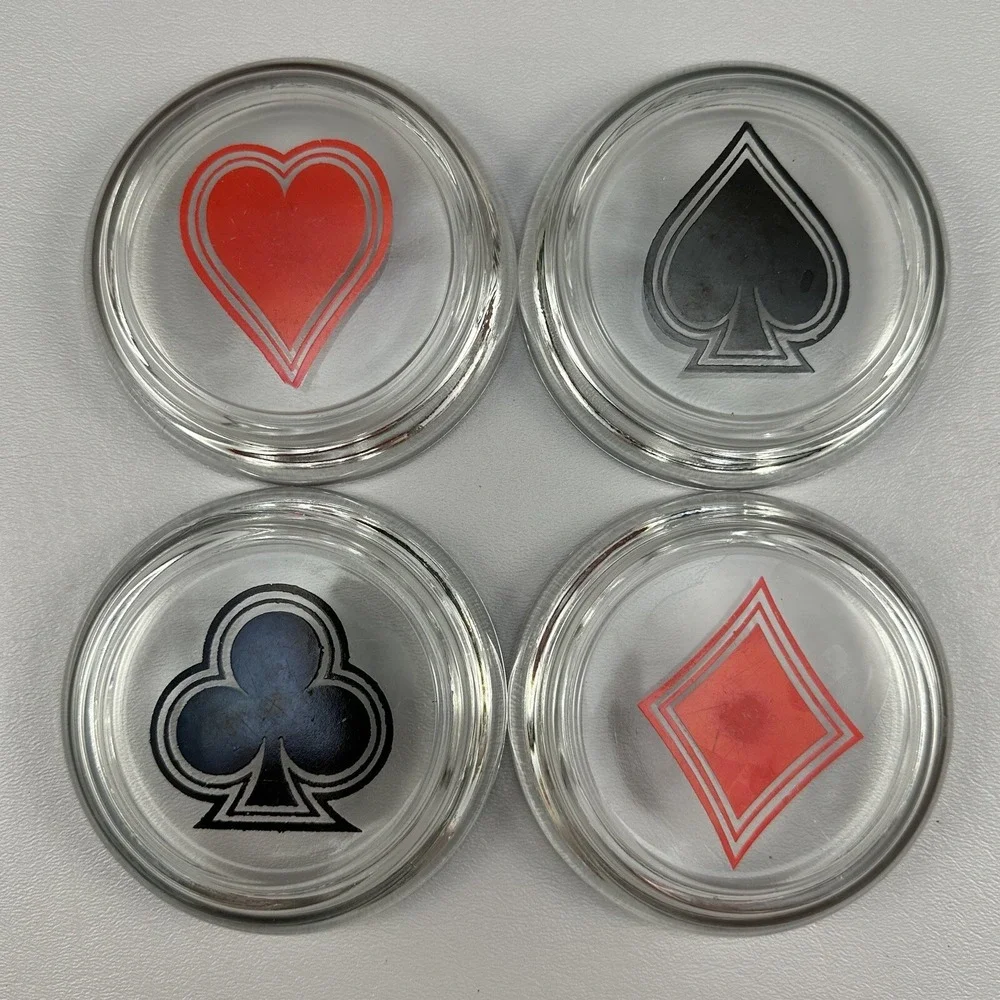 Set/4 Federal Glass Coasters Playing Card Suits 1950's MCM Poker Ash Tray Vtg